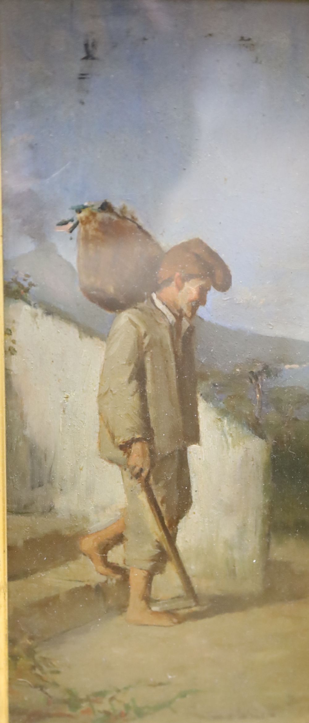 Neapolitan School, pair of oils on panel, Italian peasants in a landscape, 22 x 9.5cm